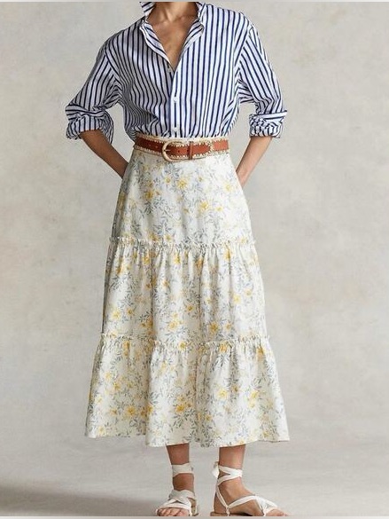 Polo Ralph Lauren Floral Two-Tiered Linen Midi Skirt In Yellow Vine, Size 4